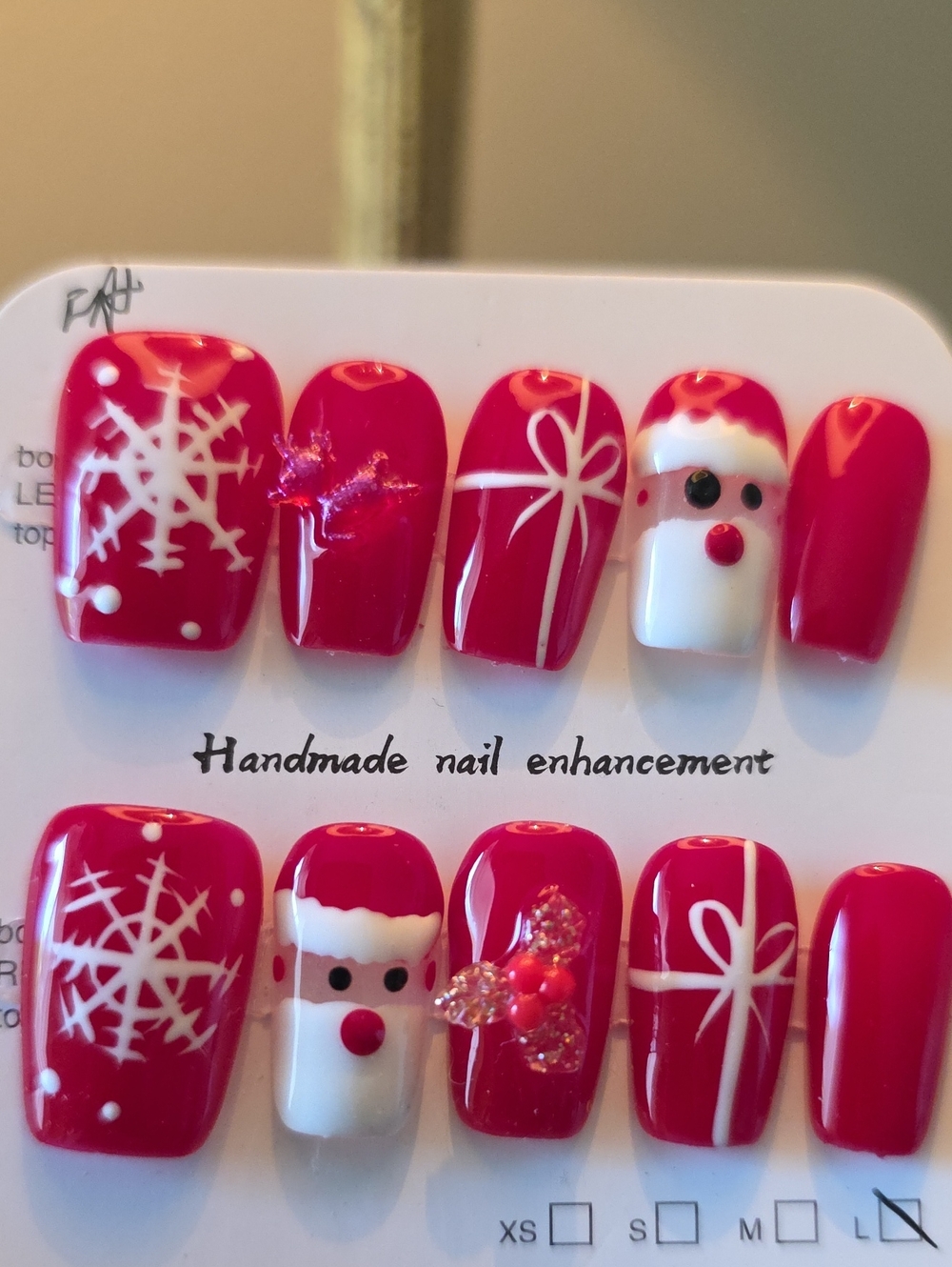 Handmade Red Christmas Nail Set with Santa & Snowflake Accents Size Large